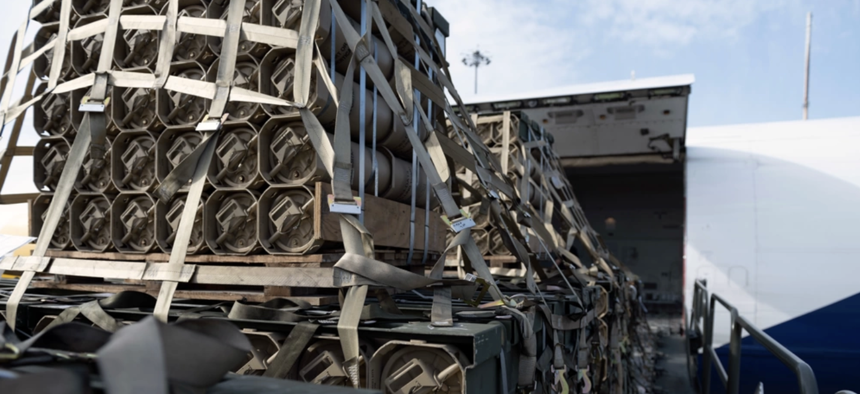 Ukraine-bound munitions are loaded onto a Boeing 747 at Travis Air Force Base, California, April 26, 2022.