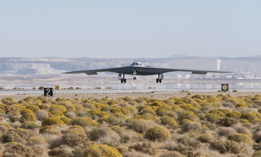 A B-21 Raider conducts flight testing at Edwards Air Force Base, California, in this photo released in September 2024. 