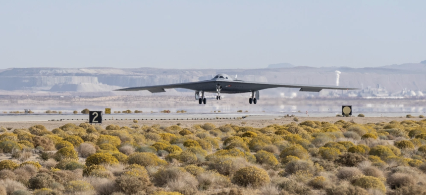 A B-21 Raider conducts flight testing at Edwards Air Force Base, California, in this photo released in September 2024. 