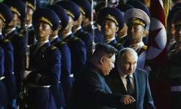 North Korean Supreme Leader Kim Jong Un and Russian President Vladimir Putin attend a departure ceremony on June 19, 2024, after Russian-North Korean talks in Pyongyang, North Korea.