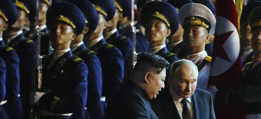 North Korean Supreme Leader Kim Jong Un and Russian President Vladimir Putin attend a departure ceremony on June 19, 2024, after Russian-North Korean talks in Pyongyang, North Korea.