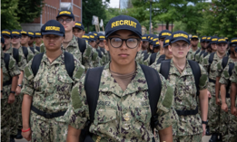  Recruits stand in formation at the U.S. Navy's only boot camp, in Great Lakes, Ill. The U.S. Navy just edged past its recruiting goal for fiscal 2024. 