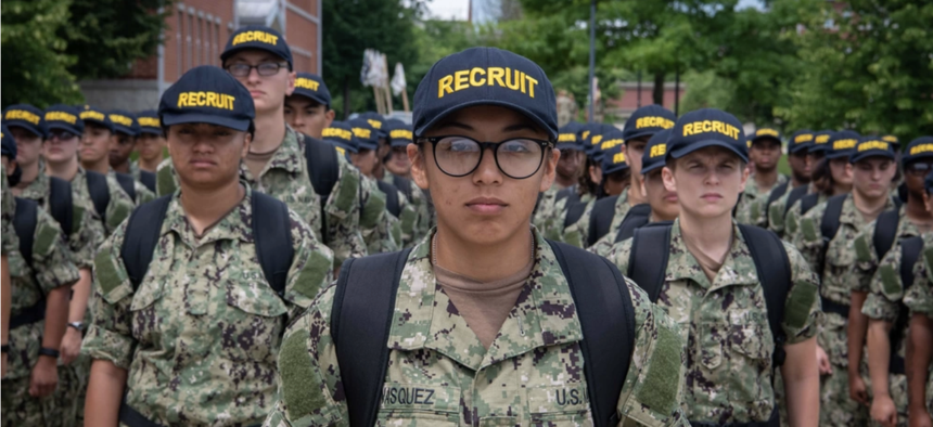  Recruits stand in formation at the U.S. Navy's only boot camp, in Great Lakes, Ill. The U.S. Navy just edged past its recruiting goal for fiscal 2024. 