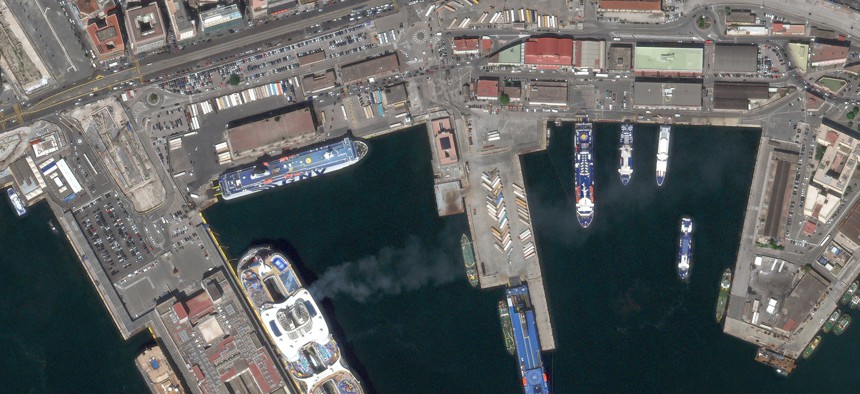 A satellite photo of the port of Naples, Italy.