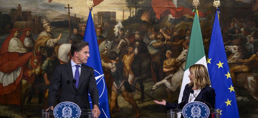 NATO Secretary General Mark Rutte and Italian Prime Minister Giorgia Meloni hold a joint press conference after their meeting on November 5, 2024 in Rome, Italy. 