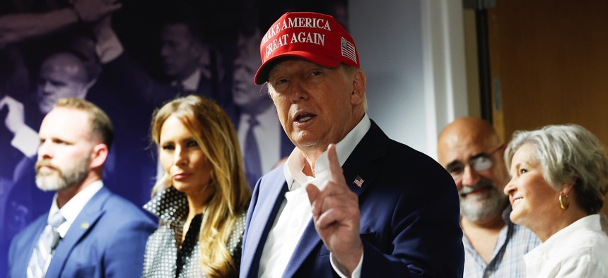 Donald Trump thanks his staff at his campaign headquarters on Election Day, November 5, 2024, in West Palm Beach, Florida.