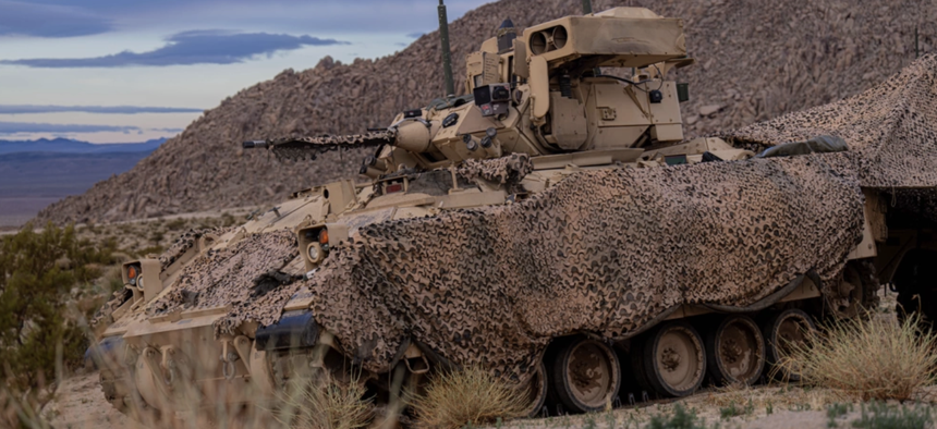 An M2A3 Bradley Fighting Vehicle at the National Training Center, Fort Irwin, California, Feb. 6, 2024. The Army hopes to replace the Bradley with the XM-30. 