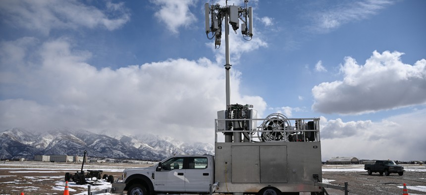 A 5G mobile test station sits on the flight line at Hill Air Force Base, Utah, Feb. 25, 2022. The Department of Defense released guidance Nov. 12 on how military installations should deploy private 5G networks.