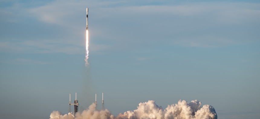 A Space X Falcon 9 rocket launches from Space Launch Complex 40 at Cape Canaveral Space Force Station, Florida, Feb. 14, 2024. 