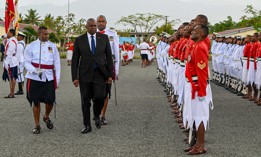 U.S. Defense Secretary reviews Fijian troops at Black Rock Camp, Fiji, on Nov. 22, 2024.