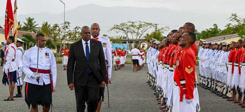 U.S. Defense Secretary reviews Fijian troops at Black Rock Camp, Fiji, on Nov. 22, 2024.