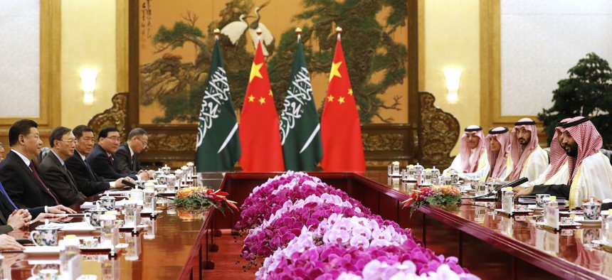 In this 2019 photo, Saudi Crown Prince Mohammed bin Salman (R) attends a meeting with Chinese President Xi Jinping (L) at the Great Hall of the People in Beijing.