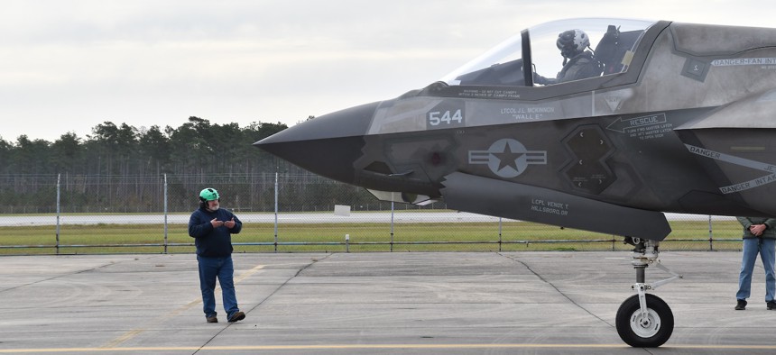 An F-35 Lightning II begins a functional check flight inspection at Marine Corps Air Station Cherry Point, N.C.