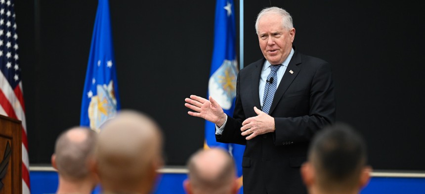 Secretary of the Air Force Frank Kendall speaks to 16th Air Force airmen at Joint Base San Antonio-Lackland, Texas, Oct. 31, 2024.