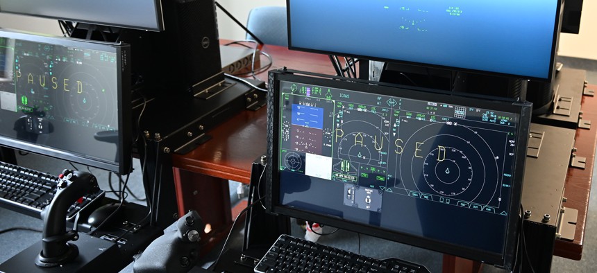 A July 2024 photo of the Navy's new desktop flight simulators at the Naval Air Warfare Center Aircraft Division near Patuxent River, Maryland.