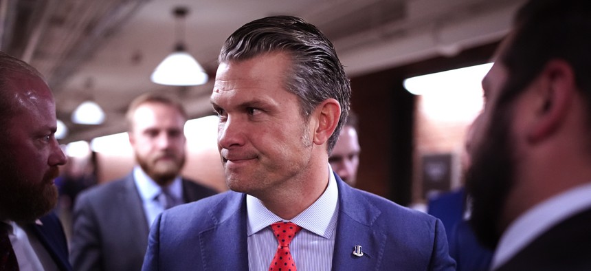 Pete Hegseth, the president-elect's pick to be defense secretary, arrives to meet with lawmakers on Capitol Hill on December 5, 2024, in Washington, D.C.