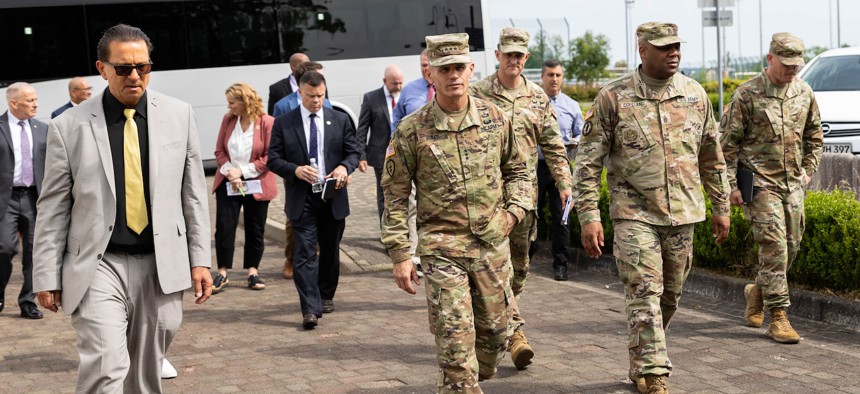 Lt. Gen. Omar Jones, commander of Installation Management Command, and IMCOM Command Sgt. Maj. Jason Copeland, visit U.S. Army Garrison Rheinland-Pfalz in Baumholder and Kaiserslautern, Germany, on July 31, 2024.