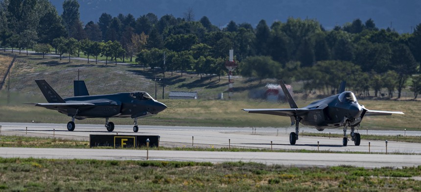 Two U.S. Air Force F-35 Lightning IIs from the 388th Fighter Wing at Hill AFB taxi to the runway for takeoff to participate in a training mission at the Utah test and training range on September 20, 2024. 