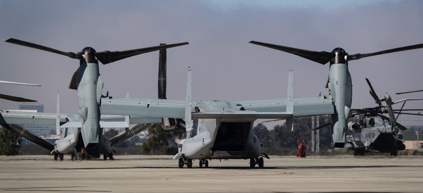 A United States Marine Corps MV-22 Osprey tilt rotor aircraft sits on the tarmac at Marine Corps Air Station Miramar on Sept. 28, 2024, in San Diego, California.