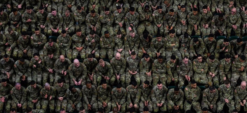 New Jersey National Guard soldiers prepare to deploy to the Middle East in support of the anti-ISIS Operation Inherent Resolve in Trenton, N.J., Jan. 14, 2024.