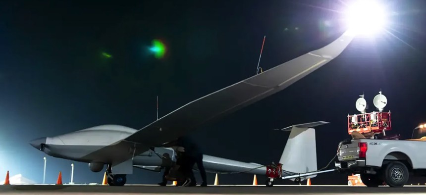 The U.S. military's ULTRA drone, or Unmanned Long-Endurance Tactical Reconnaissance Aircraft, is seen taking off early in the morning at an undisclosed location within within U.S. Central Command's area of responsibility on May 7, 2024. 