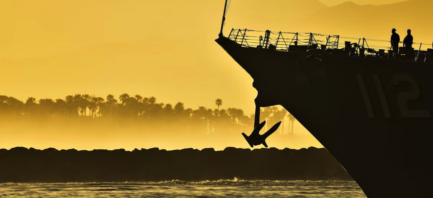 The destroyer Michael Murphy arrives at Naval Surface Warfare Center, Port Hueneme Division in California at sunrise, April 29, 2024.