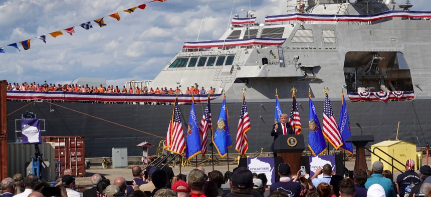 Then-President Donald Trump spoke to workers during a visit to the Fincantieri Marinette Marine shipyard in Marinette, Wisconsin, on June 25, 2020. 