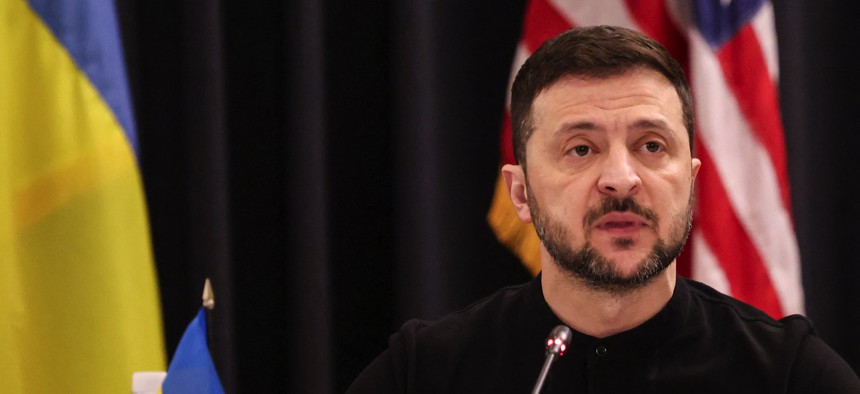 Ukraine's President Volodymyr Zelensky delivers a speech during a Ukraine Defense Contact Group meeting at Ramstein Air Base, Germany, on January 9, 2025. 