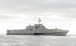 The Independence-variant littoral combat ship USS Santa Barbara (LCS 32) transits the coast outside of San Diego, August 23, 2024.