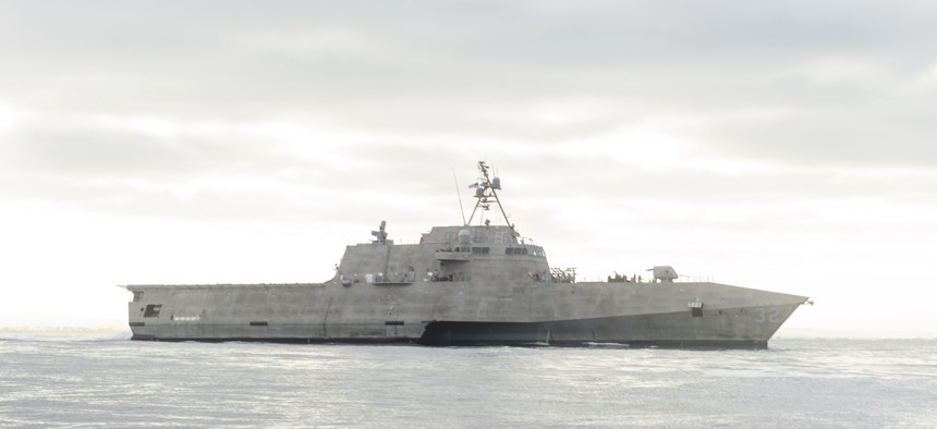 The Independence-variant littoral combat ship USS Santa Barbara (LCS 32) transits the coast outside of San Diego, August 23, 2024.