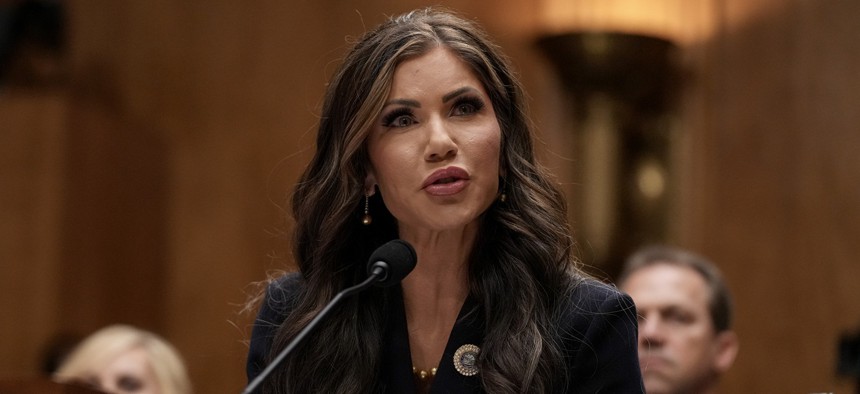 South Dakota Gov. Kristi Noem, President-elect Donald Trump’s nominee for Secretary of the Department of Homeland Security, speaks during her confirmation hearing before the Homeland Security and Governmental Affairs Committee on Capitol Hill on January 17, 2025 in Washington, DC.