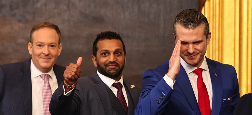 Lee Zeldin, Trump’s nominee to run the Environmental Protection Agency, Kash Patel, the nominee for FBI Director and Pete Hegseth, the nominee for Secretary of Defense leave the Rotunda of the U.S. Capitol on January 20, 2025, in Washington, D.C. 