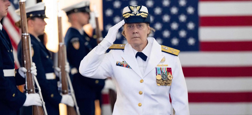 Linda Fagan, seen here at a U.S. Coast Guard change of command ceremony at USCG headquarters June 1, 2022, is the first military official relieved of command in the second Trump administration. 