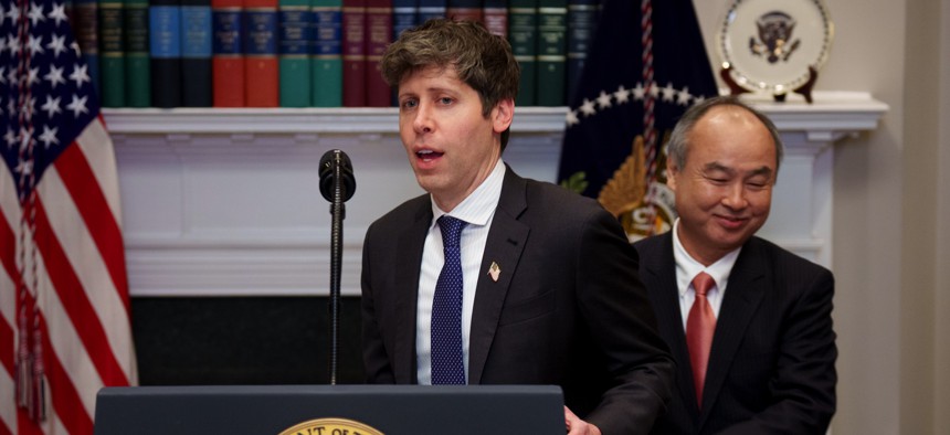 OpenAI CEO Sam Altman takes the podium from SoftBank CEO Masayoshi Son during a news conference at the White House on January 21, 2025, in Washington, D.C.