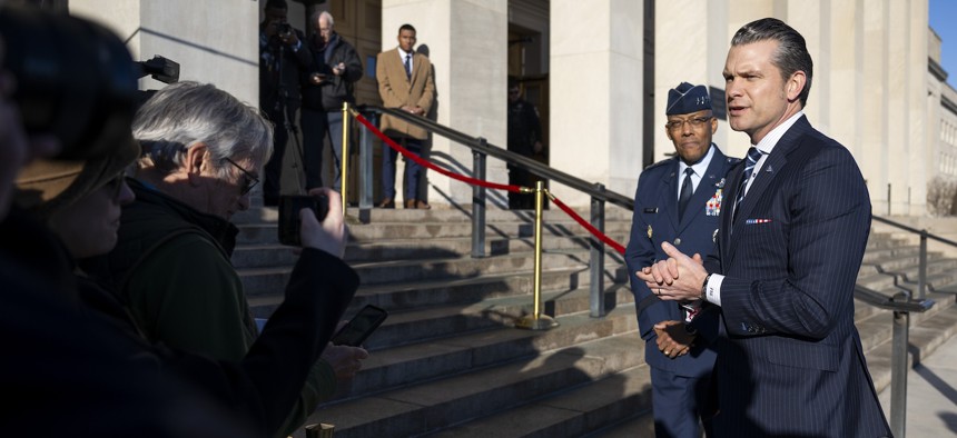 Secretary of Defense Pete Hegseth speaks to the press upon his arrival at the Pentagon, Jan. 27, 2025.