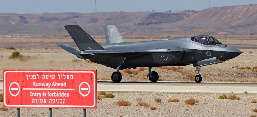 An Israel Air Force F-35I fighter lands during a 2021 exercise at Ovda Air Force Base, north of the Israeli city of Eilat.