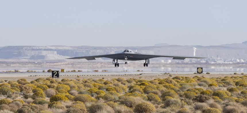 A B-21 Raider conducts flight testing at Edwards Air Force Base, Calif., on Sept 18, 2024.