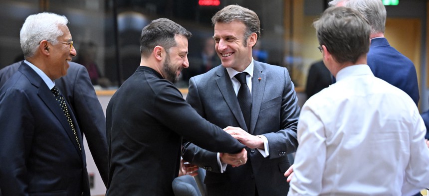 French President Emmanuel Macron and Ukrainian President Volodymyr Zelenskyy attend an emergency summit with European Union leaders in Brussels, Belgium, on March 6, 2025.
