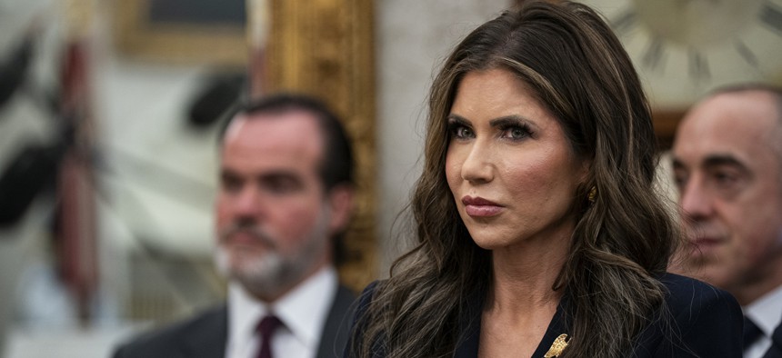 Kristi Noem, Homeland Security Secretary, during a meeting in the Oval Office of the White House on April 14, 2025. Noem told attendees at the 2025 RSAC April 28 that reforms to CISA would be "much more responsive."
