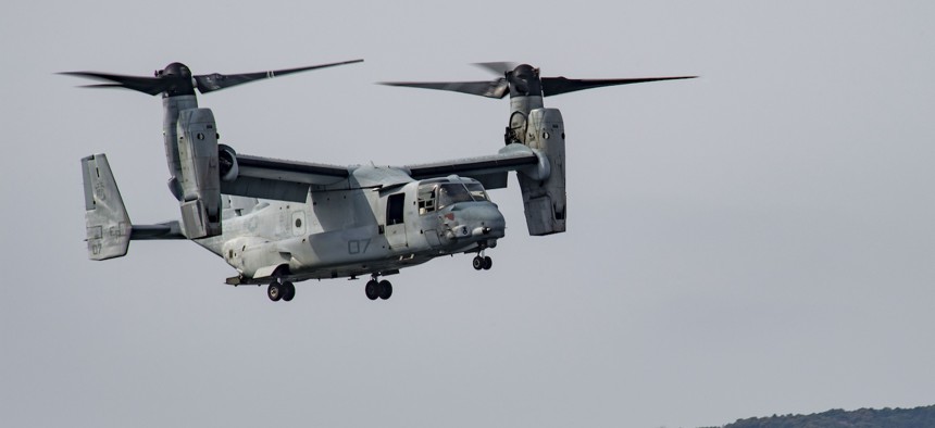 A U.S. Marine Corps MV-22B Osprey flies over Commander, Fleet Activities Sasebo (CFAS) in support of the Sasebo Fleet Friendship Day event April 5, 2025.
