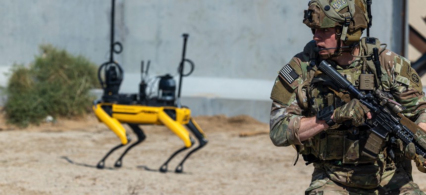 Soldiers fought in tandem with various robotics in Human-Machine Integrated Formations during the Project Convergence Capstone 5 experiment in March at Fort Irwin, California.