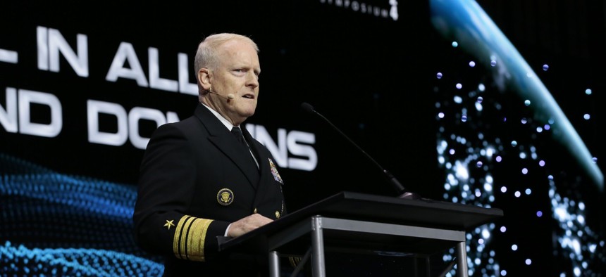 National Geospatial-Intelligence Agency chief Vice Adm. Frank Whitworth speaks at the 2024 GEOINT conference.