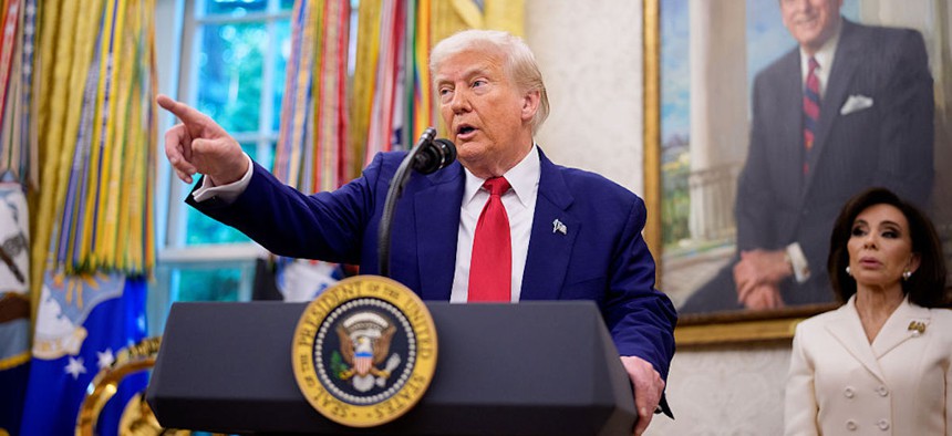 President Trump takes a question on May 28, 2025 in Washington, D.C.