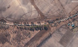 Maxar satellite imagery of a convoy or Russian troops headed towards the Ukranian Capital of Kyiv. 