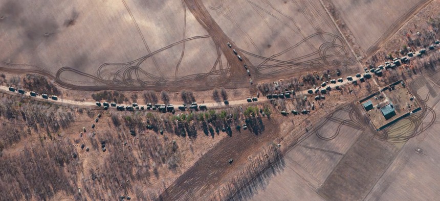 Maxar satellite imagery of a convoy or Russian troops headed towards the Ukranian Capital of Kyiv.