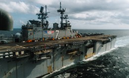 The Wasp-class amphibious assault ship USS Iwo Jima sails in the Atlantic Ocean during a simulated strait transit on May 27, 2025. 