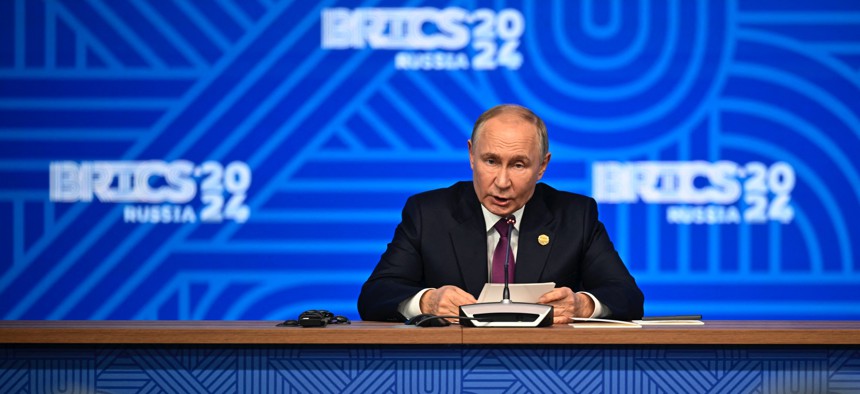 Russia's President Vladimir Putin speaks during the BRICS summit in Kazan on October 24, 2024.