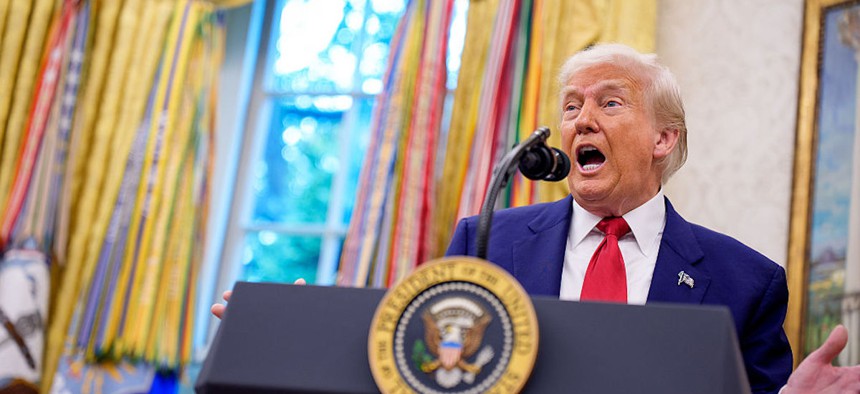President Donald Trump speaks during a swearing in ceremony for U.S. Attorney for Washington, D.C. Jeanine Pirro in the Oval Office of the White House on May 28, 2025.