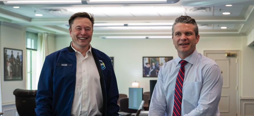Elon Musk—defense contractor and DOGE chief—was welcomed by Defense Secretary Pete Hegseth at the Pentagon on March 21, 2025.