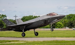 U.S. Air Force Maj. Melanie "Mach" Kluesner, F-35A Lightning II Demonstration Team, lands her aircraft at the National Museum of the U.S. Air Force on May 24, 2025.
